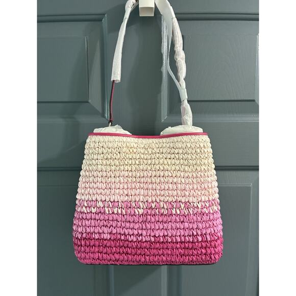 Michael Kors Pratt Women Medium Ombré Straw Bucket Shoulder Bag Dragonfruit